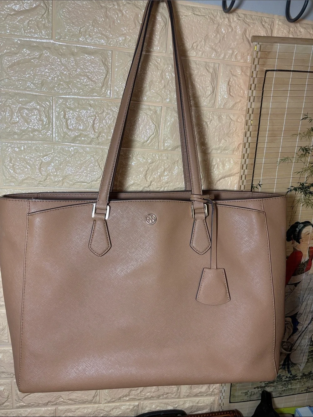 Tory Burch Tan Saffiano Leather Tote with Gold Logo 14.5”x11”x5.5”